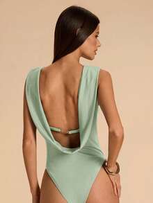 Mono de mujer de unicolor casual con espalda descubierta, decoración de cadena metálica en el cuello, adecuado para playa, vacaciones, resort, trabajo casual, viajes, salidas de ocio, mono marrón, mono elegante y sexy con espalda descubierta - verde menta - Ver 2