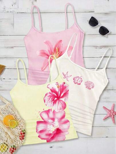 SHEIN Leap Crew 3 PiecesTween Girls Slim Fit Casual Sports Camisole Tank Top Sets Girls Summer Tank Tops Girls Floral Tank Tops Cute Tween Tank Tops Beach Tank Tops For Tweens Flower Tank Top