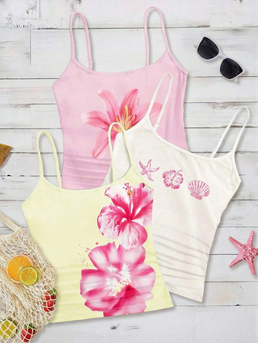 SHEIN Leap Crew Set de 3 piezas de camiseta de tirantes para niña preadolescente de ajuste ceñido con diseño deportivo casual - Multicolor - Ver 1