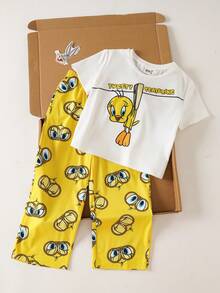 LOONEY TUNES X SHEIN 2件套 女童休闲卡通图案圆领短袖T恤和短裤舒适睡衣套装 - 彩色 - 查看 3