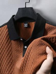 Manfinity Joysei Camisa polo de hombre con cuello y puños de punto jacquard de unicolor y textura, con 2 botones - Marrón - Ver 3