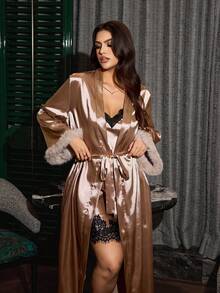 SilkySpell Plus Size Women Asymmetrical Lace Trim Faux Silk Camisole Nightgown And Faux Silk Robe Sleepwear Set - Mocha Brown - View 6