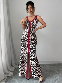 Elenzga Sexy Front Slit Leopard Print Sleeveless V-Neck Low-Cut Fitted Dress With Symmetrical Collar - Multicolor - View 3