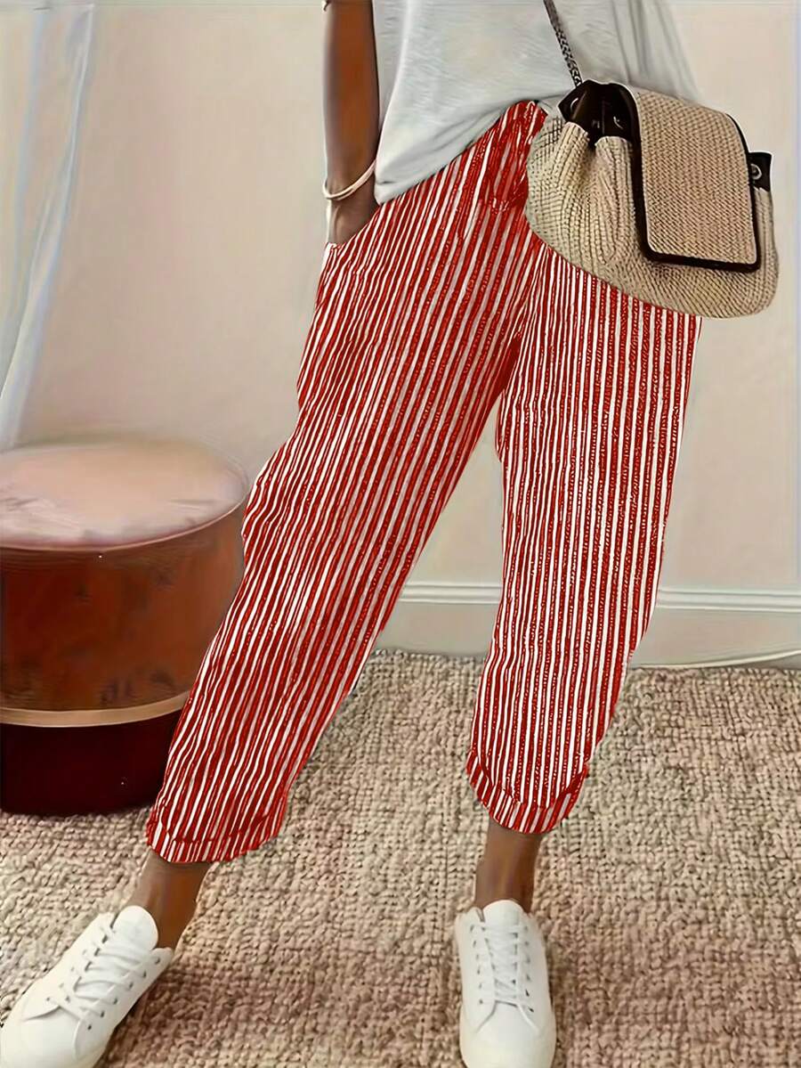 EMERY ROSE Pantalones harem de rayas verticales en blanco y negro de estilo retro casual - Rojo - Ver 1