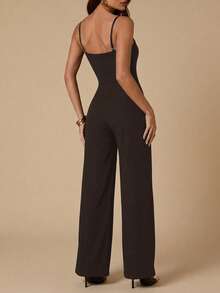 SHEIN BAE Women's Elegant Minimalist Solid Color Wide Leg Jumpsuit - Coffee Brown - View 2