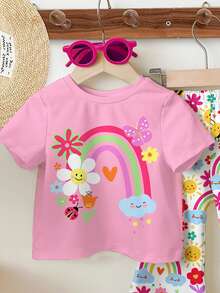 SHEIN Set 2 buc. fete, casual, drăguț, cu imprimeu floral, fețe, curcubeu, insecte, fluturi, decolteu rotund, mânecă scurtă, top și pantaloni evazați, potrivit pentru vară, primăvară/vară, vacanță, buline, Y2K, haine pentru bebeluși, seturi, stiluri confortabile de primăvară și vară, confort ușor, confortabil, kawaii, grafic, fluture, buburuză, curcubeu, glamorique kids, roz - Multicolor - Vizualizare 4