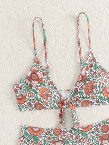 SHEIN Swim Summer Beach Women Vacation Floral Printed Front Knot Simple Fashionable Bikini Set Floral Pattern Random - Multicolor - View 7