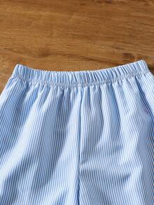 Vacaura 2pcs Boys'light Blue Striped Summer Casual Vacation Set,Macaroon Patchwork Textured Striped Collar Pocket Shirt Paired With Solid Shorts,For School - Blue - View 4
