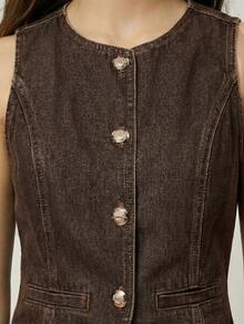Poéselle Bộ đồ denim nữ dáng thường ngày gồm áo cổ tròn cài cúc đơn và quần dài. - màu nâu - Xem 7