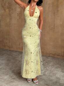 女士优雅性感天蓝色亮片吊带裙，适合度假/音乐节 - 黃色 - 查看 3