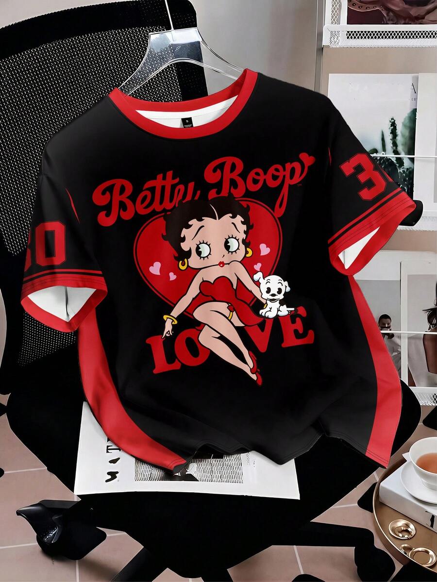 Attitoon Betty Boop x SHEIN 女士休闲简约圆领短袖宽松T恤 - 彩色 - 查看 1