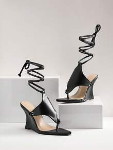 SHUZIA 女士人字拖系带坡跟凉鞋 - 黑色 - 查看 7