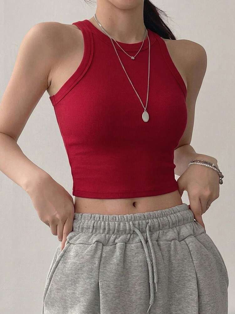 Women's Summer Casual Sports Daily Commute All-Match Solid Color Ribbed Knit Fitted Cropped Tank Top