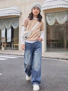 SHEIN Mirajuku Tween Boy Retro Basic Casual College Style Loose Straight Leg Jeans Summer Holiday - Dark Wash - View 5