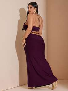 SHEIN BAE Plus Size Deep Chestnut Red Beaded Halter Bodycon Dress, Elegant Party Dress For Plus Size Women,Dark Purple,Summer,Girlism,Night Out Club,Curve - Rusty Rose - View 3