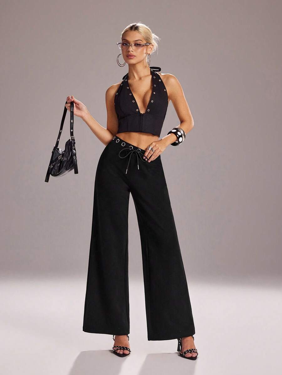 Y2Kool 黑色金属装饰喇叭裤,舒适Y2K潮酷街头风休闲低腰喇叭裤,适合春夏派对、度假、音乐节、日常穿着。 - 黑色 - 查看 1