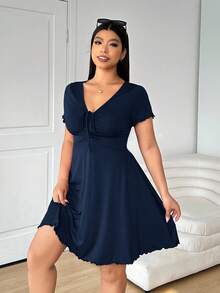 Solflare Plus Size Women V-Neck Front Twist Dress, Navy Blue - Navy Blue - View 5