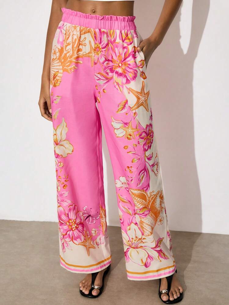 SHEIN Maija Women's Casual Beach Vacation Floral, Starfish, Coral Print Paper Bag Waist Loose Wide Leg Pants