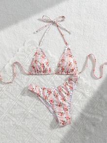 Swim Mod 夏季新款性感露背手工编织绳条纹花卉撞色两件式泳衣，小胸显瘦条纹印花时尚比基尼三角裤，海滩度假水疗蜜月休闲泳装 - 彩色 - 查看 3