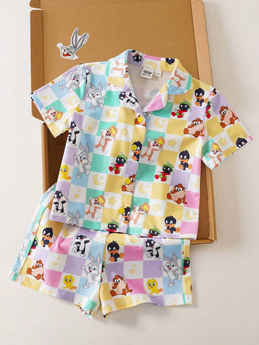 LOONEY TUNES X SHEIN Bộ áo và quần short in họa tiết bàn cờ hoạt hình cho bé gái - Màu vàng - Xem 1