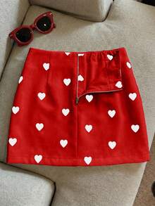Franclia Korean Style Low Waist A-Line Fashionable New Slimming Heart Print Zipper Skirt For Women - Red - View 6