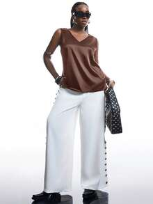 SHEIN EZwear 大码休闲通勤简约纯色缎面吊带背心，咖啡棕色 - 咖啡棕 - 查看 6