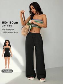 SHEIN PETITE 休閒百搭純色直筒長褲，小個女款 - 黑色 - 查看 8