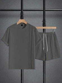 Manfinity Homme Men's Summer Basic Solid Color Knitted Casual Round Neck Short Sleeve Two Pieces Suit, Suitable For Daily Wear, Gifts Husband And Boyfriend - Dark Grey - View 5