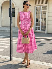 MaterniWear Maternity Plaid Print Round Neck Sleeveless Dress - Hot Pink - View 7