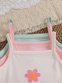 SHEIN 3件套女婴纯色杏色、粉色、绿色无袖荷叶边连衣裙，花卉字母印花，可爱休闲时尚甜美优雅，适合夏季日常穿着、购物、上学、旅行、拍照、派对等场合。 - 彩色 - 查看 9