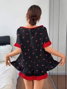 Napfluff Women's Standard Size Cherry Print Short Sleeve Shorts Pajama Set, Ruffle Trim & Bow Decor, Suitable For Indoor & Outdoor Wear, Spring/Summer - Black - View 2