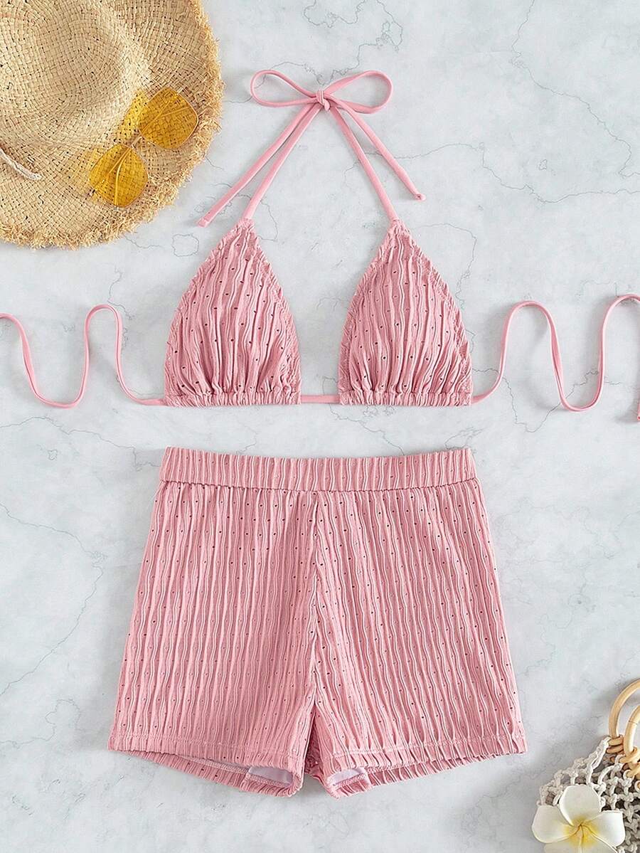 SHEIN Swim 两件套纹理面料纯色挂脖比基尼套装,适合夏季度假和海滩穿着 - 粉色 - 查看 1