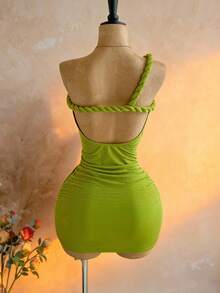 Soleia Vestido mini con pliegues sin mangas de color verde neón para vacaciones de mujer - Verde - Ver 2