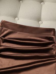 Franclia Chân váy midi xếp ly bằng vải satin màu nâu, đa năng, thanh lịch, thích hợp cho tiệc tùng, kỳ nghỉ, đi biển, mùa xuân/hè. - Cà phê nâu - Xem 6