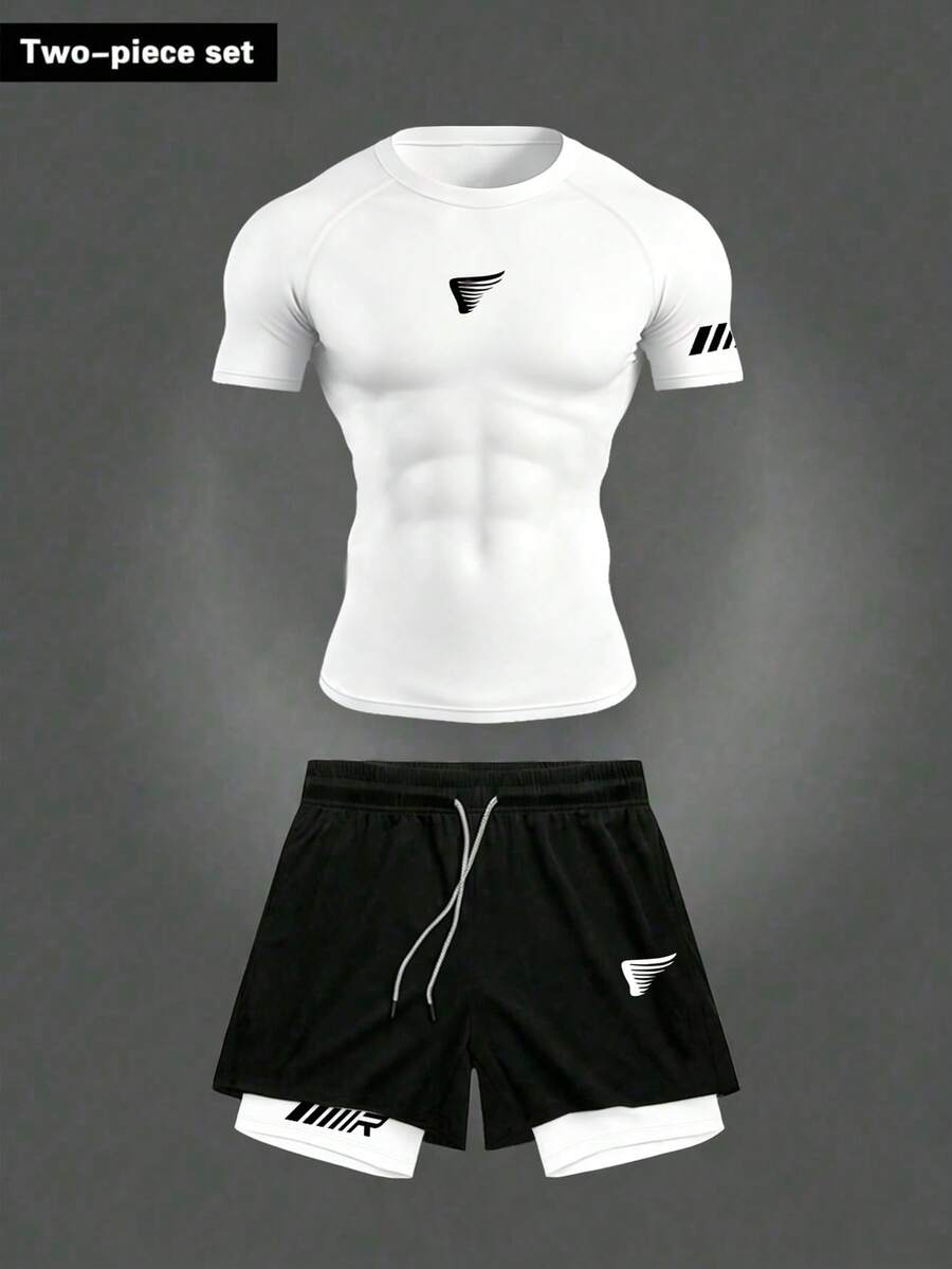 Gym Rark Men's Summer Raglan Short Sleeve Breathable Comfortable T-Shirt And Drawstring Waist 2 In 1 Shorts Sports Suit, Gym - White - View 1
