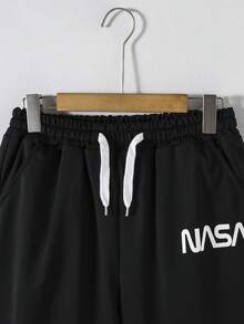 SHEIN Coolqubz 男士及青少年男孩时尚黑色柔软舒适休闲裤，适合户外、运动、上学及各种场合，白色抽绳腰带设计，是年轻男士的必备长裤。 - 黑色 - 查看 6