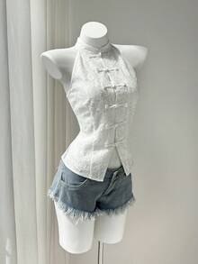 Elamini Áo kiểu nữ màu trắng cổ tàu cài cúc không tay ren khoét lỗ, gợi cảm và thời trang theo phong cách Âu Mỹ, kiểu Trung Hoa mới cho mùa hè. - trắng - Xem 1