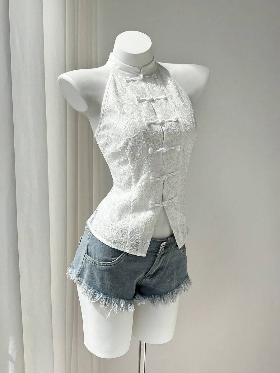 Elamini Áo kiểu nữ màu trắng cổ tàu cài cúc không tay ren khoét lỗ, gợi cảm và thời trang theo phong cách Âu Mỹ, kiểu Trung Hoa mới cho mùa hè. - trắng - Xem 1