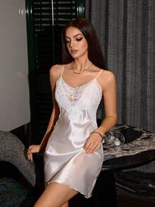 SilkySpell Sexy Lace Mushroom Button Satin Slip Dress, Wine Red - White - View 1