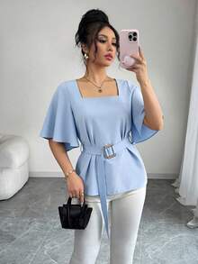 SHEIN Elenzya Women's Square Neck Ruffle Trim Short Sleeve Chiffon Blouse, Tie Waist Slim Fit Commuter Top For Summer - Blue - View 7