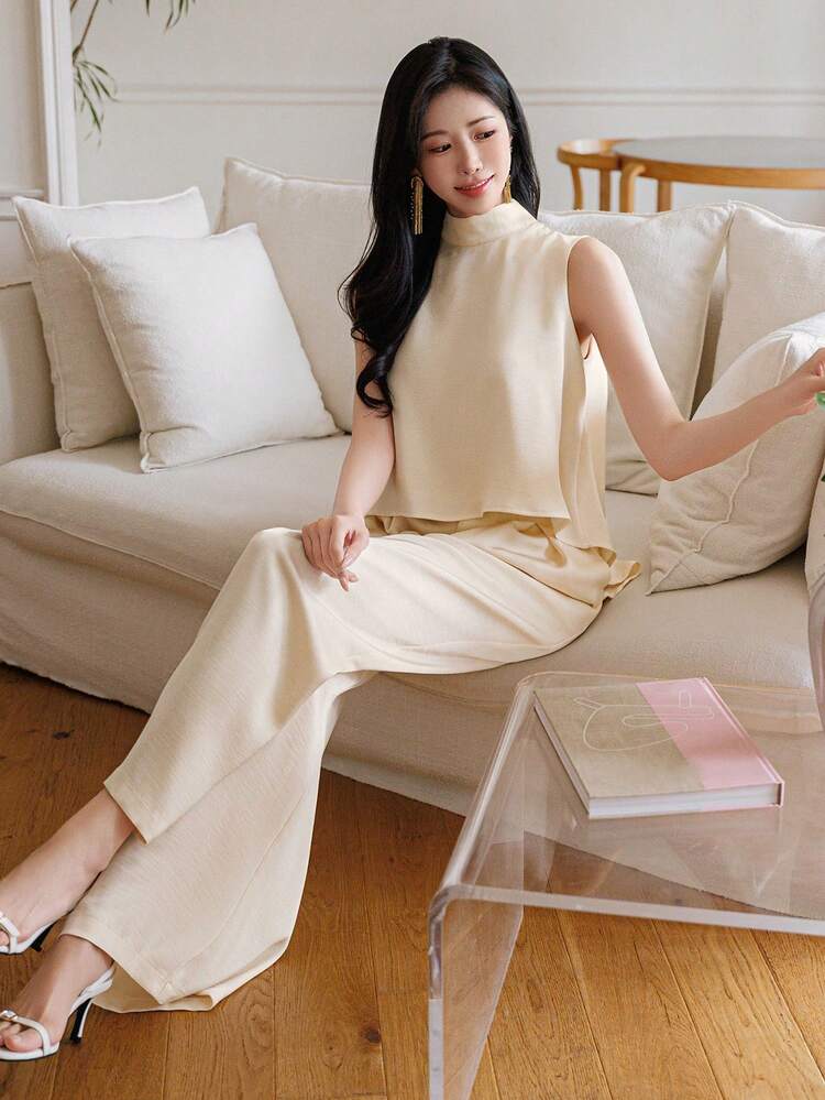 Women's Loose Casual Sleeveless Top And Wide Leg Pants 2 Pieces Set, Suitable For Spring And Summer