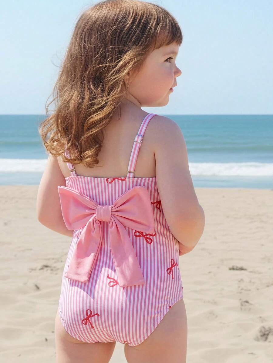 SHEIN Young Girl Knitted Striped Bowknot Design 3D Floral One-Piece Swimsuit - Pink - View 1