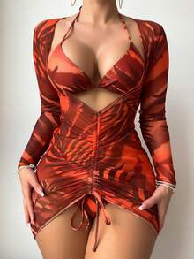 SHEIN Swim Conjunto De Bikini Impreso Tropical Aleatorio Con Taza Triangular Y Cubierta - Multicolor - Ver 3