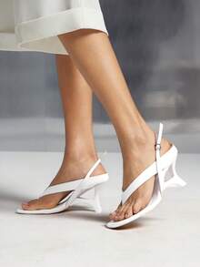 SHUZIA Women's Chic Casual Back Strap Sculpted Wedge Thong Sandals - Beige - View 2