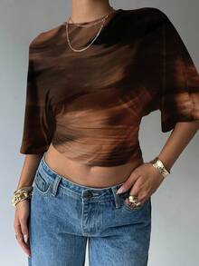 Aloruh Women's Fashionable Tie-Dye Print Batwing Sleeve Ruched Waist T-Shirt, Summer - Brown - View 4