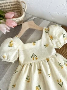 LMoss Kids 女嬰編織碎花圓領泡泡袖對比蝴蝶結休閒洋裝 - 彩色 - 查看 5
