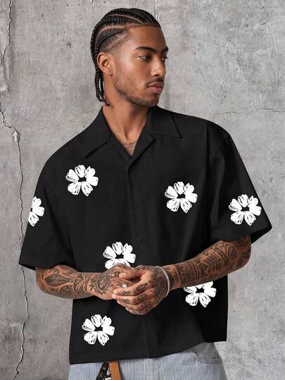 AXEPEAK 男士花卉印花宽松短袖单排扣休闲衬衫，学校