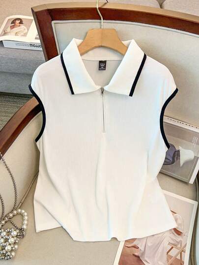 GlowEve CURVE 女士加大码撞色滚边拉链针织Polo领宽松直筒休闲T恤，时尚舒适，适合日常、度假、工作等多种场合，春夏百搭。