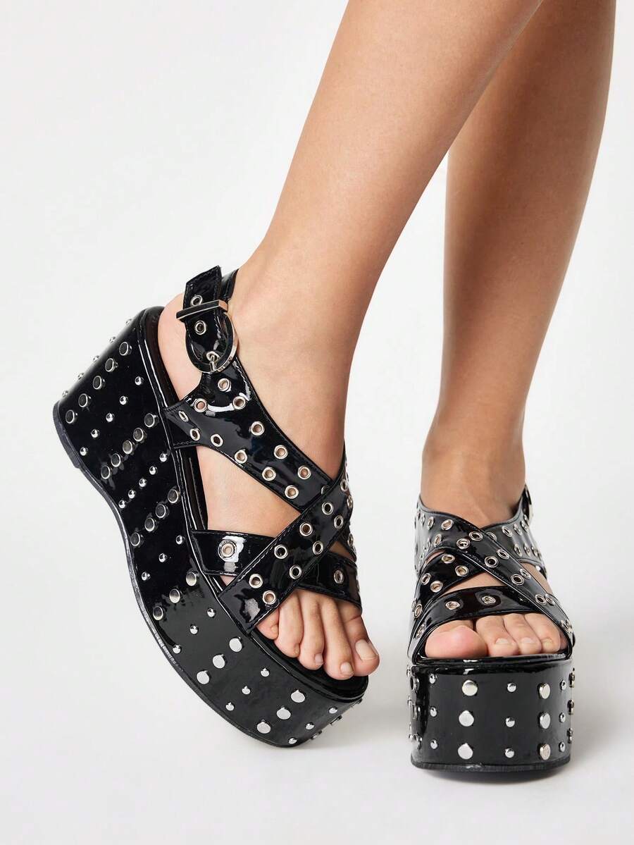 ROMWE Grunge Punk Ladies, Spike Buckles, Lame-Heeled Platform Sandals. Summer Shoes Y2K - Black - View 1