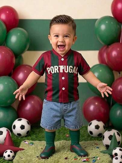 SHEIN Playful Pals Bộ đồ thể thao mùa hè cho bé trai màu đỏ và xanh lá cây năng động, in chữ Bồ Đào Nha và quần short denim, kiểu dáng rộng rãi thoải mái, phù hợp cho các hoạt động hàng ngày, đi học, họp mặt gia đình, vui chơi ngoài trời, thể thao & tập thể dục, chụp ảnh, trang phục World Cup.